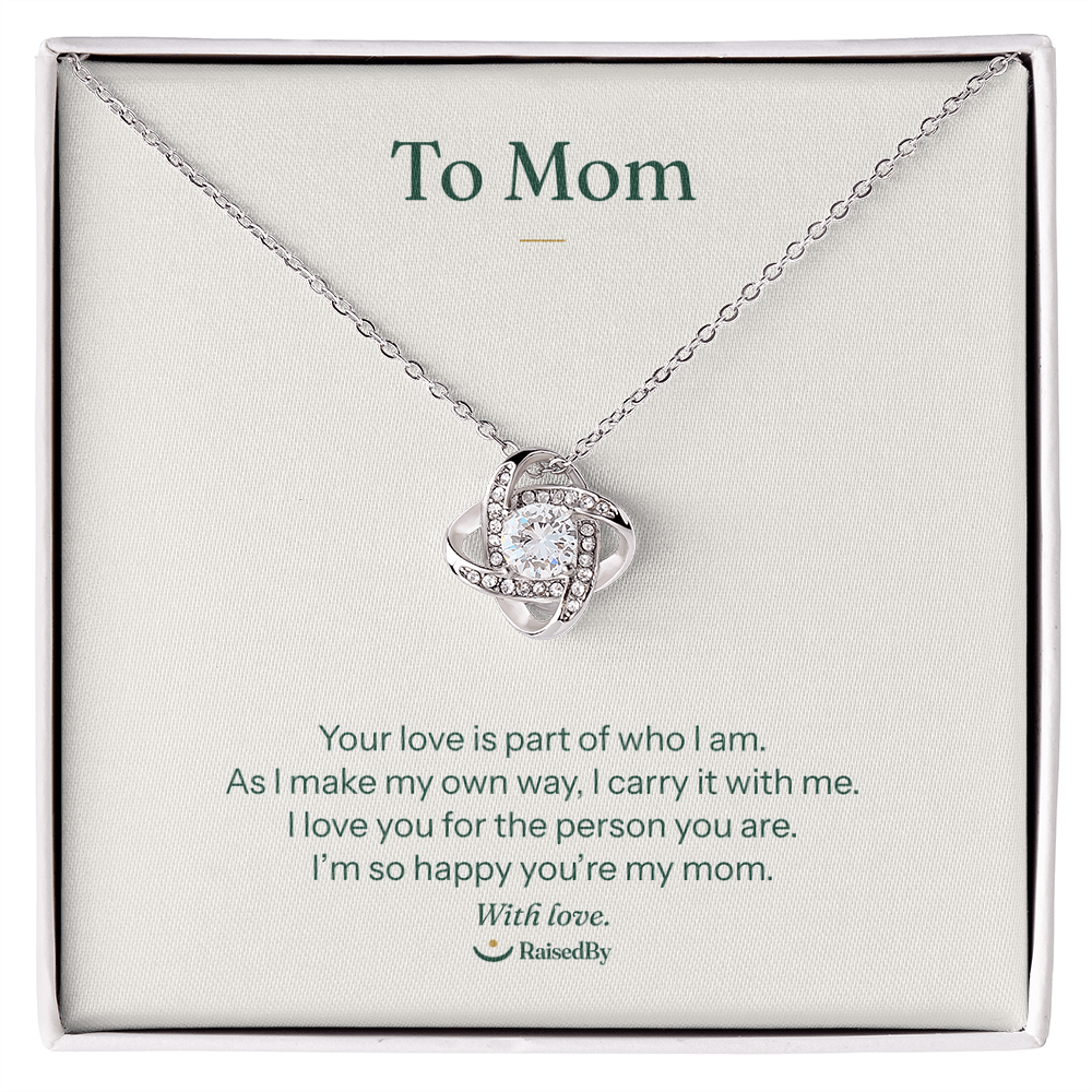 14K white gold finish Love Knot necklace with the To Mom message card in a Standard box