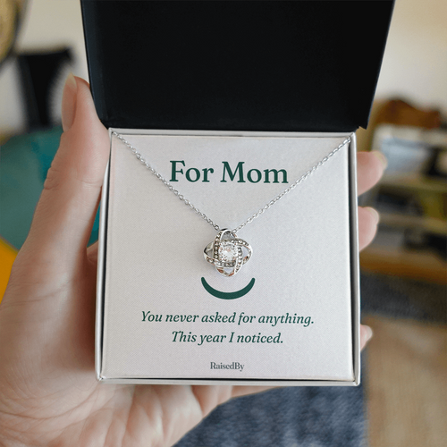 For Mom message card necklace in RaisedBy gift box
