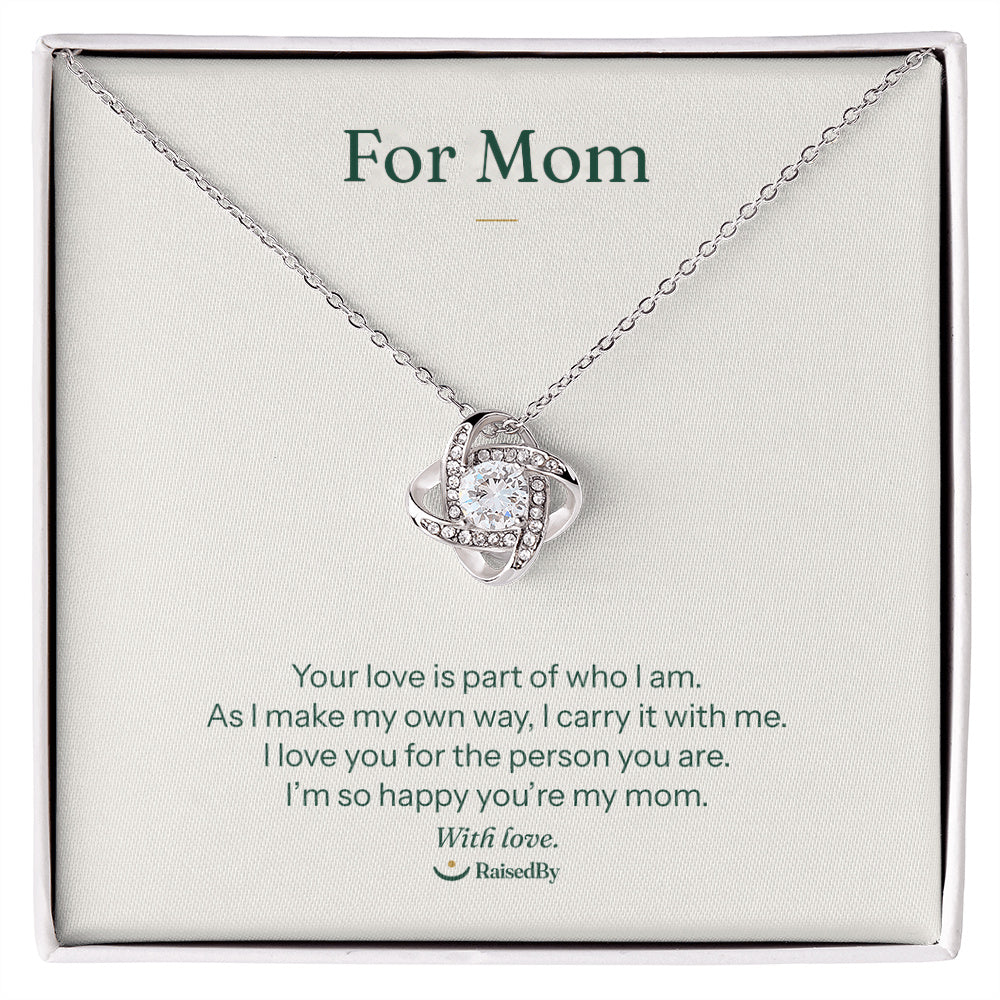 For Mom message card necklace in gift box. Your love is part of who I am. 14K white gold finish.