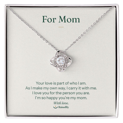 For Mom message card necklace in gift box. Your love is part of who I am. 14K white gold finish.
