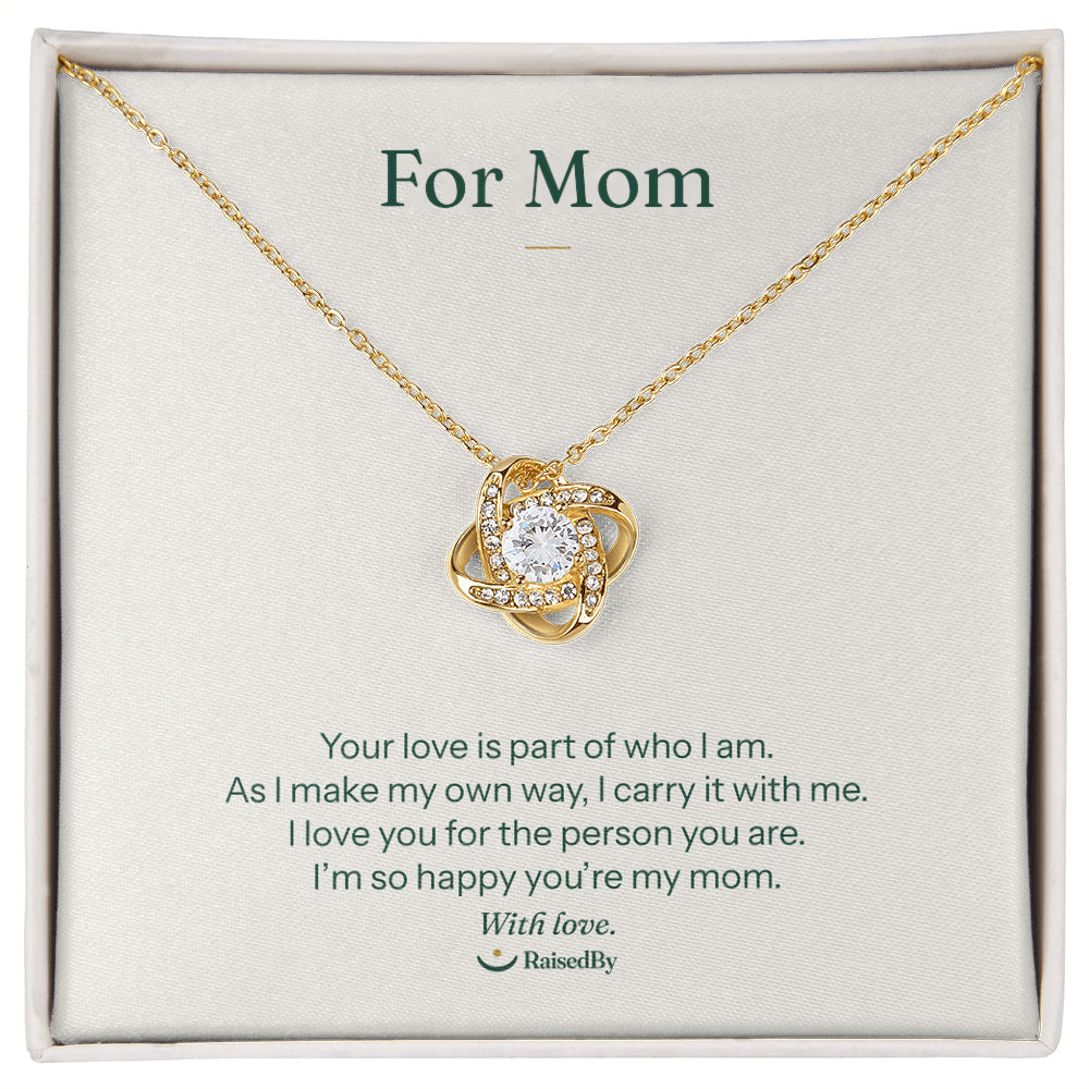 For Mom message card necklace in gift box. Your love is part of who I am. 18K yellow gold finish.