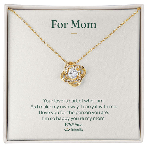 For Mom message card necklace in gift box. Your love is part of who I am. 18K yellow gold finish.