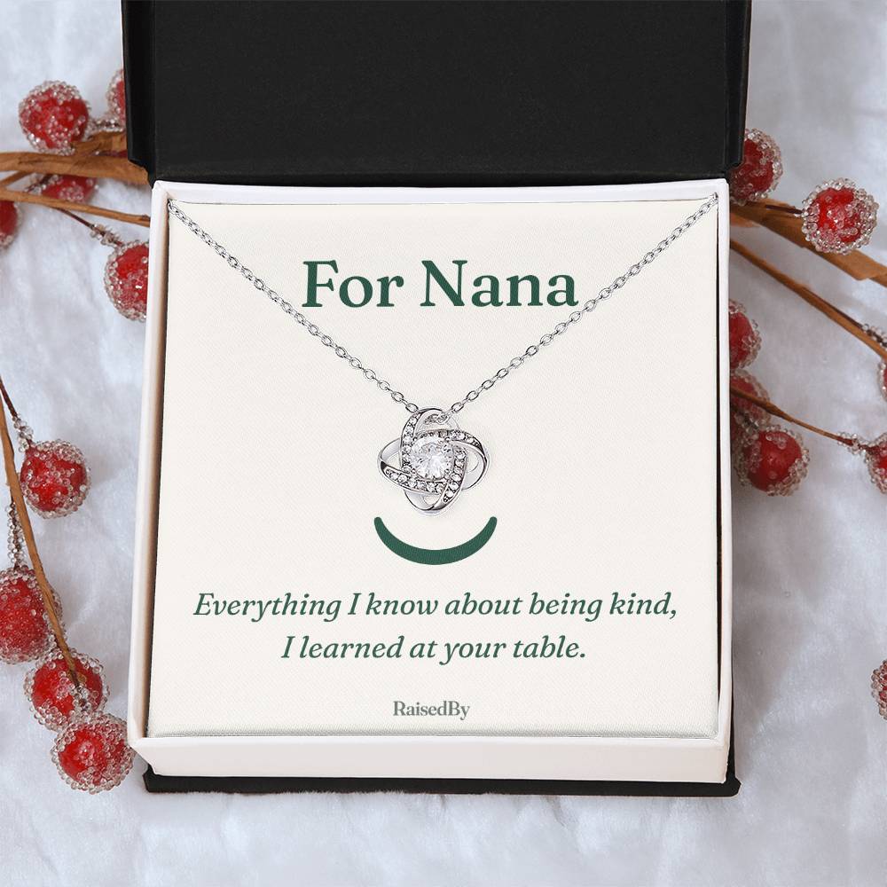 For Nana message card necklace in gift box. Everything I know about being kind, I learned at your table.
