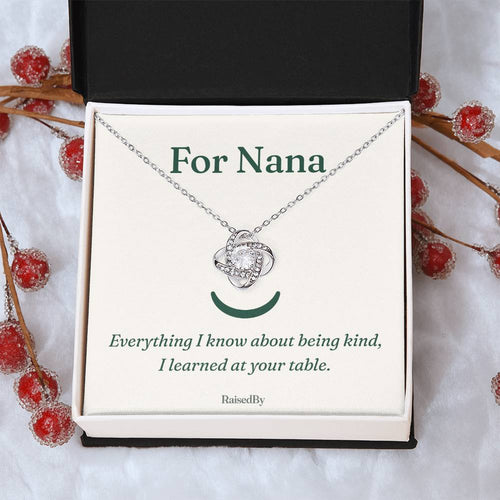 For Nana message card necklace in gift box. Everything I know about being kind, I learned at your table.